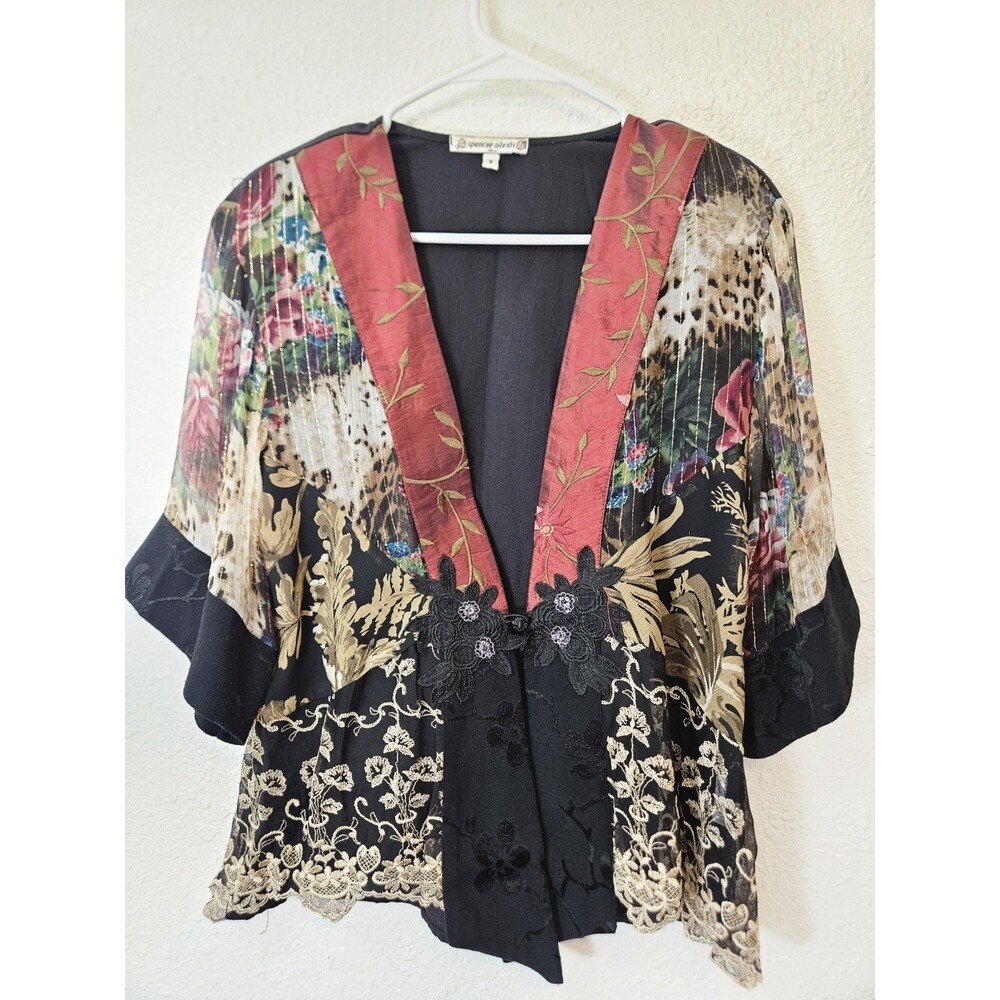 Vtg Spencer Alexis Floral S Whimsigoth Silk Kimono Witchy Top Embroidered Boho